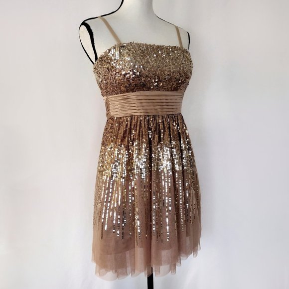 BCBGMaxAzria Convertible Strap Silk and Tulle Sequined Party Dress - Picture 3 of 11